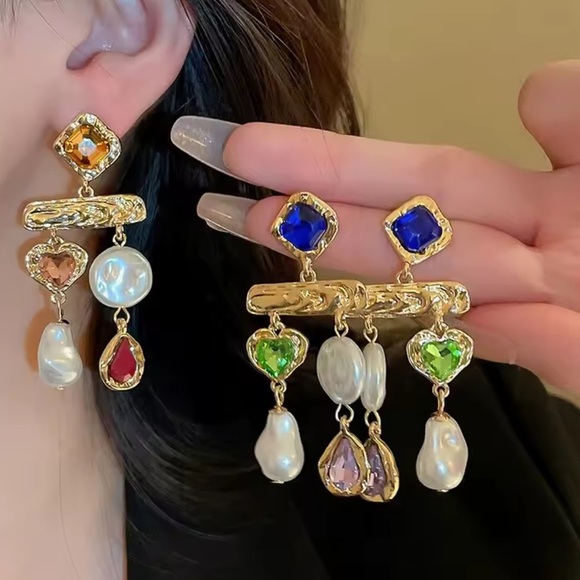 Vintage colourful rhinestone Gold and Gemstone Drop Earrings - Picture 4 of 10